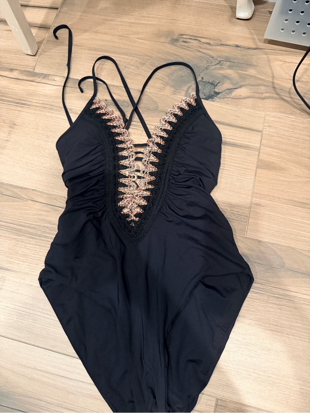 Becca Black One-Piece Swimsuit with Rose Gold Crochet Trim
